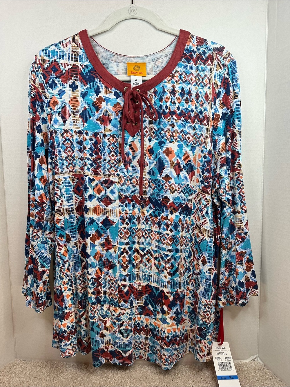 Ruby Rd. Lace-Up Neck Printed Tunic - Blue, Rust, Cream, size XL